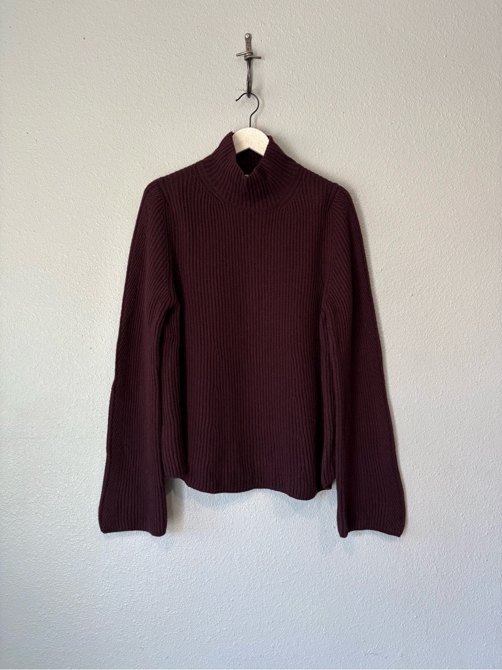 Me+Em Wool Cashmere Blend Ribbed Mock Neck Plum Burgundy Chunky Sweater Medium